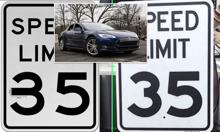 Malce črnega lepilnega traku na cestnem znaku je bilo dovolj, da je Tesla pospešila iz 56 km/h na 136 km/h